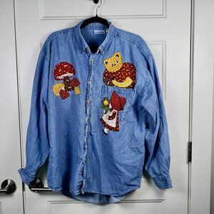 VTG Faded Gear Women's X LARGE Blue Denim Mushrooms Cat Button Up EUC